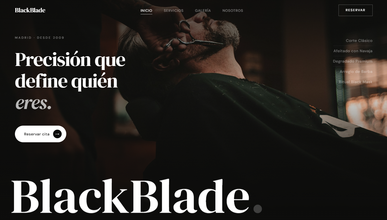 Proyecto web LEVRON Studio: identidad digital y reservas online para BlackBlade, barbería de autor